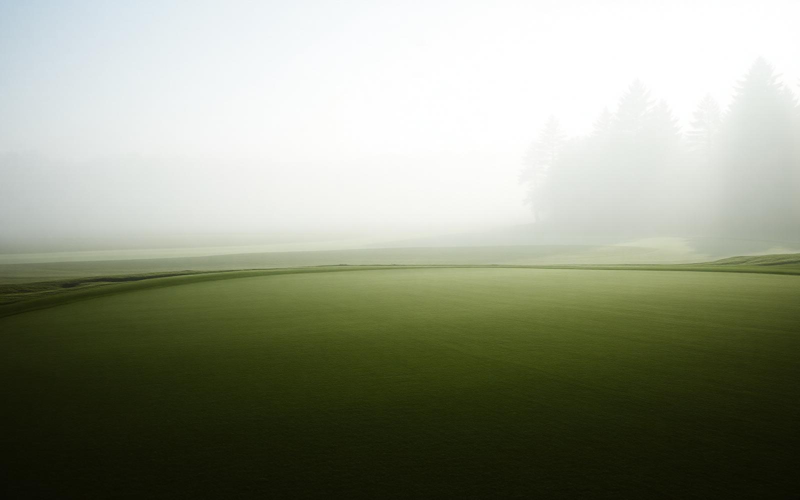 Misty golf fairway at first light