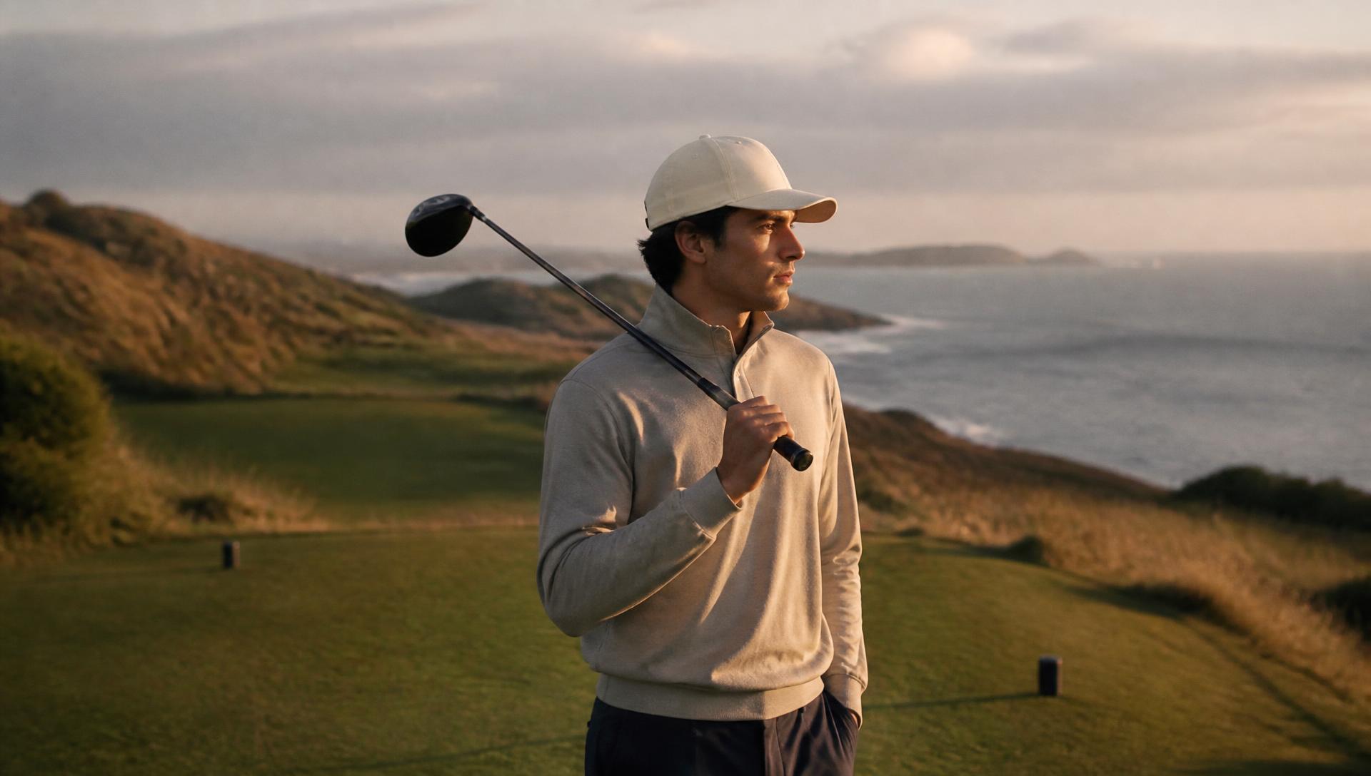 Golfer wearing a Parliamo cap on a coastal links course at sunrise