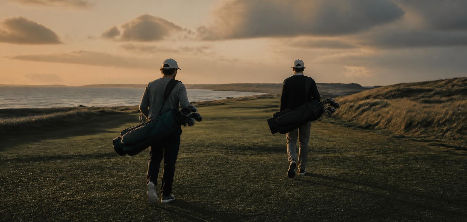 Two golfers walking a links fairway at dusk